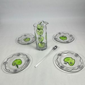 Vintage Hand Painted Apples Set of 5 Juice Pitcher & Stirer w/4 Matching Plates